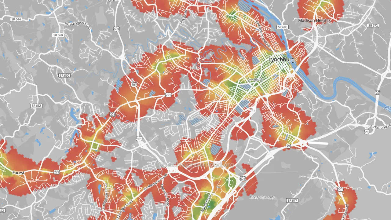 Walk Grade map of Lynchburg City, VA, walkable areas in green and car-dependent areas in red
