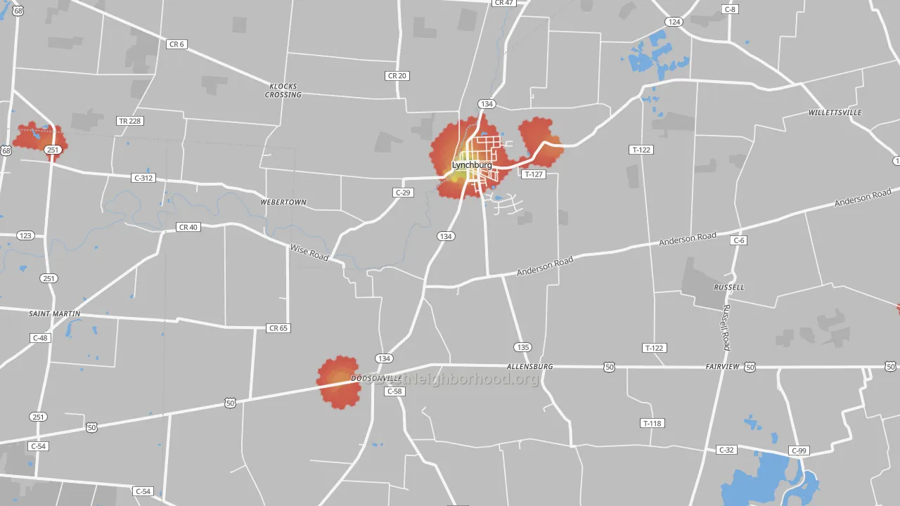 Walk Grade map of Lynchburg, OH, walkable areas in green and car-dependent areas in red