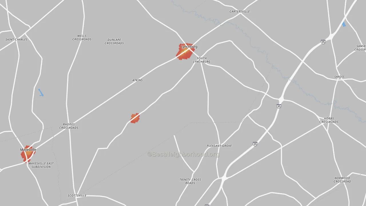 Walk Grade map of Lynchburg, SC, walkable areas in green and car-dependent areas in red