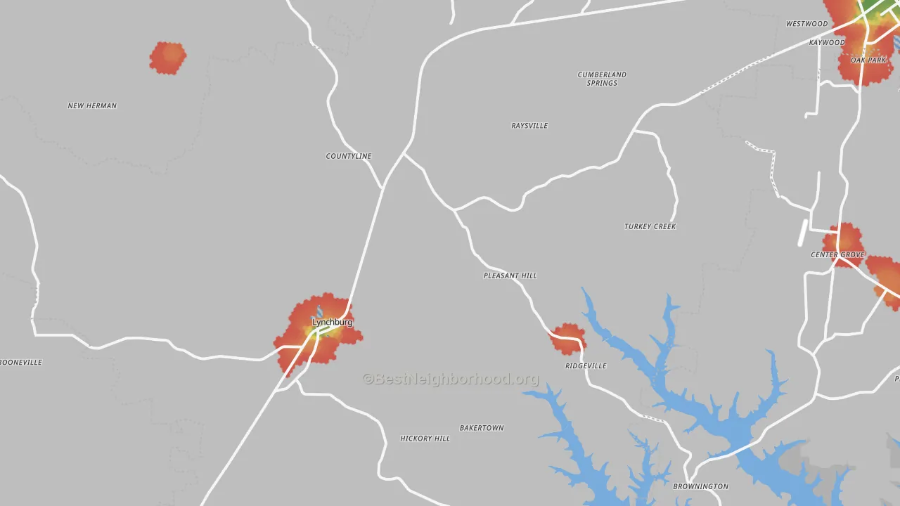 Walk Grade map of Lynchburg, TN, walkable areas in green and car-dependent areas in red