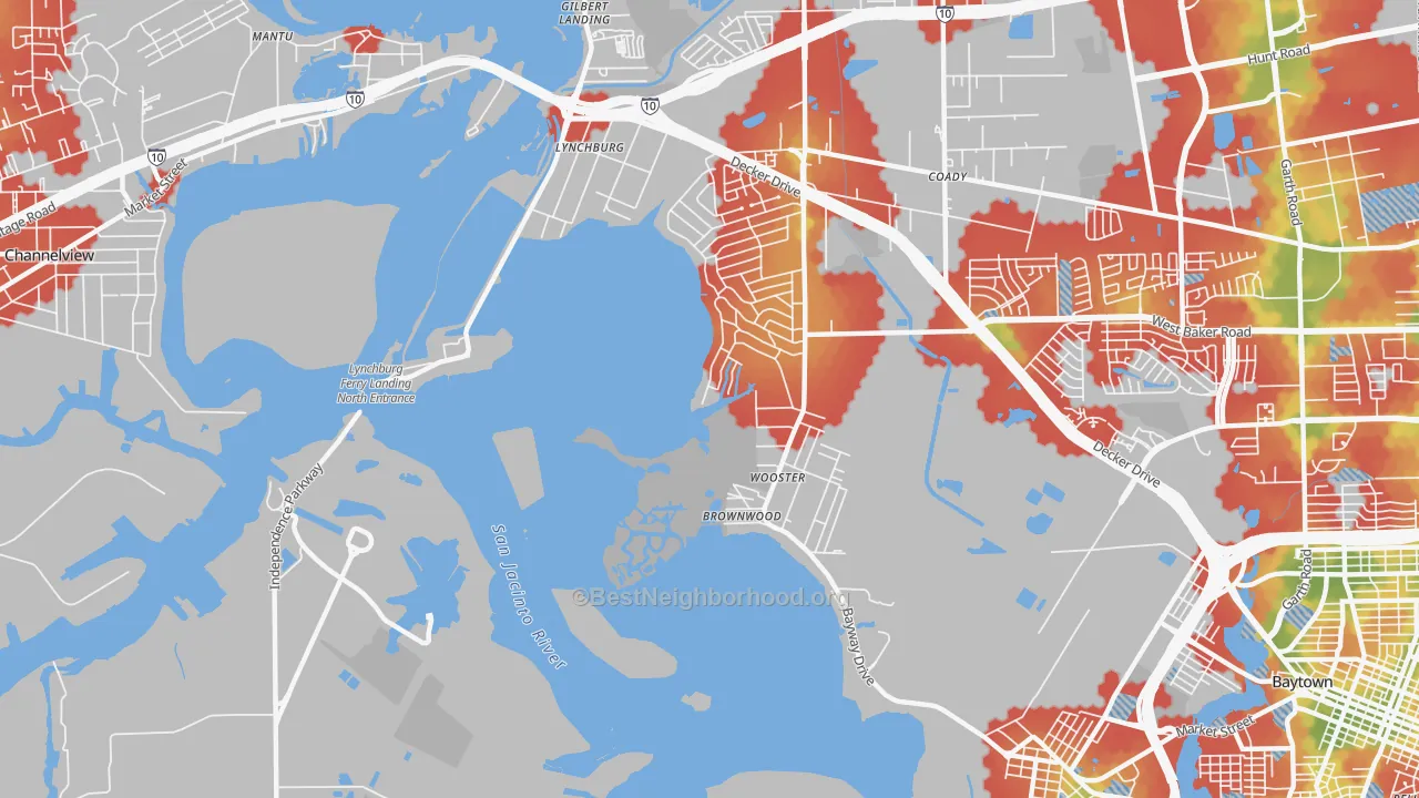 Walk Grade map of Lynchburg, TX, walkable areas in green and car-dependent areas in red