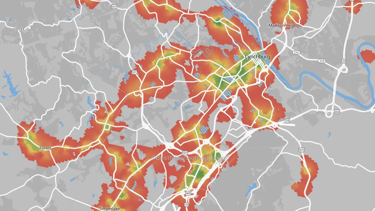 Walk Grade map of Lynchburg, VA, walkable areas in green and car-dependent areas in red