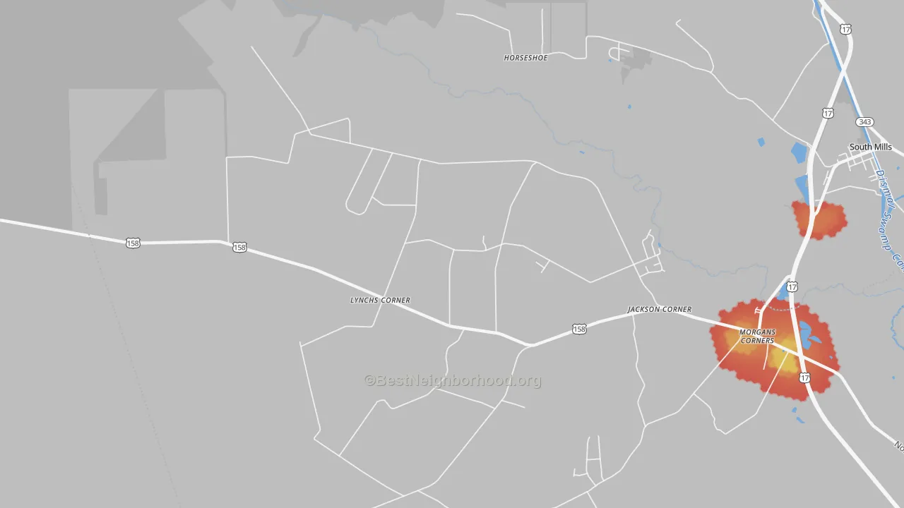 Walk Grade map of Lynchs Corner, NC, walkable areas in green and car-dependent areas in red