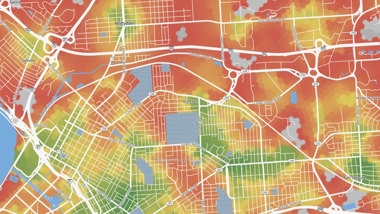 Walk Grade map of Lyncourt, NY, walkable areas in green and car-dependent areas in red