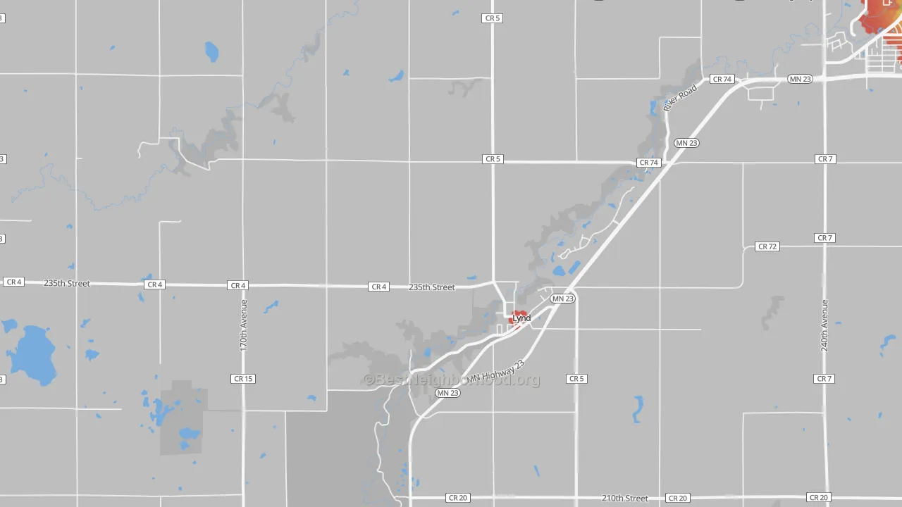 Walk Grade map of Lynd, MN, walkable areas in green and car-dependent areas in red