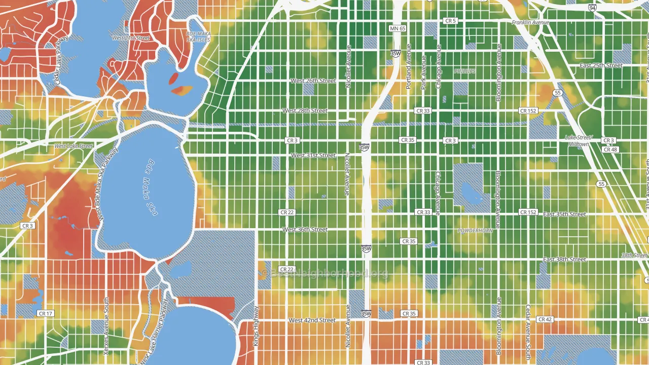Walk Grade map of Lyndale, Minneapolis, MN, walkable areas in green and car-dependent areas in red