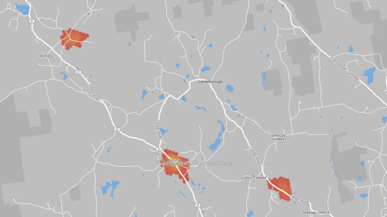 Walk Grade map of Lyndeborough, NH, walkable areas in green and car-dependent areas in red