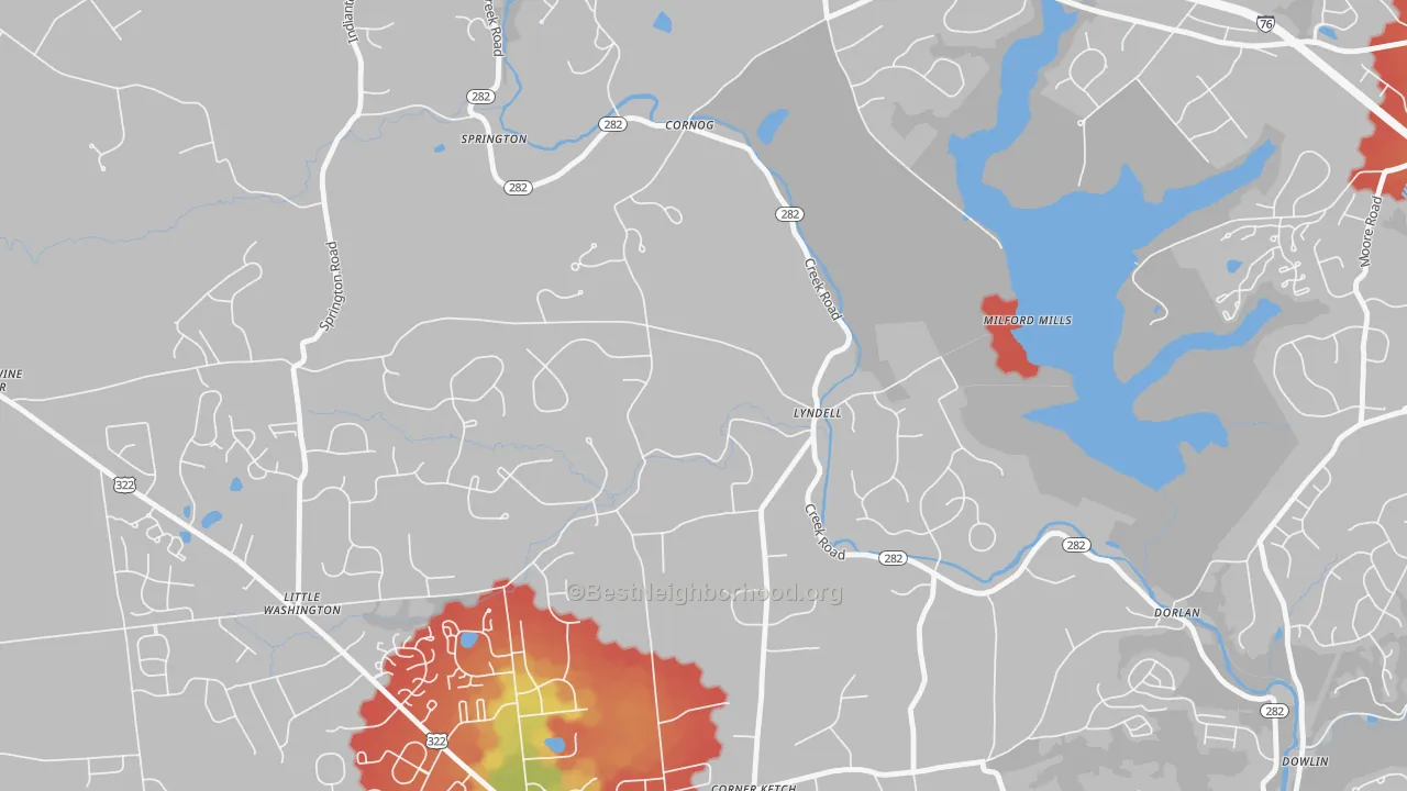 Walk Grade map of Lyndell, PA, walkable areas in green and car-dependent areas in red