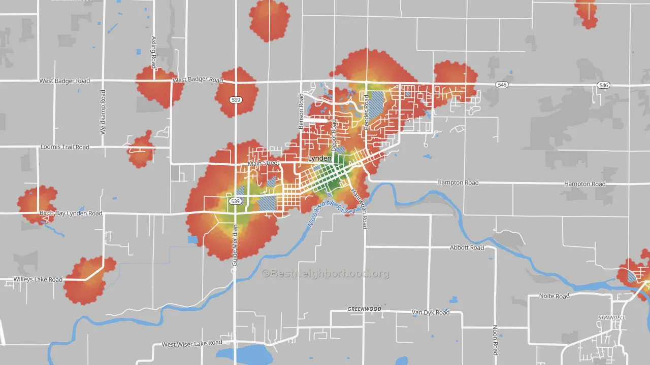 Walk Grade map of Lynden, WA, walkable areas in green and car-dependent areas in red