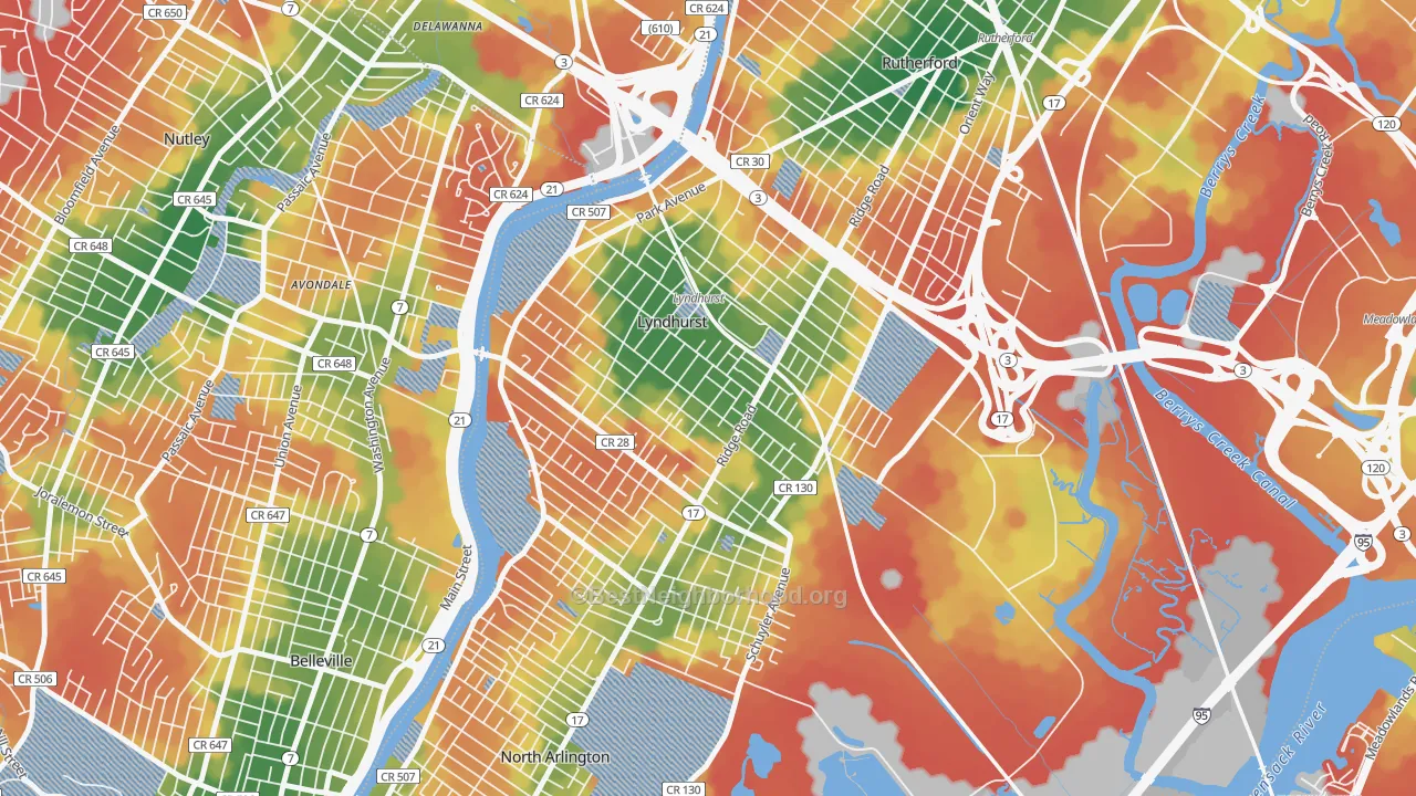 Walk Grade map of Lyndhurst, NJ, walkable areas in green and car-dependent areas in red