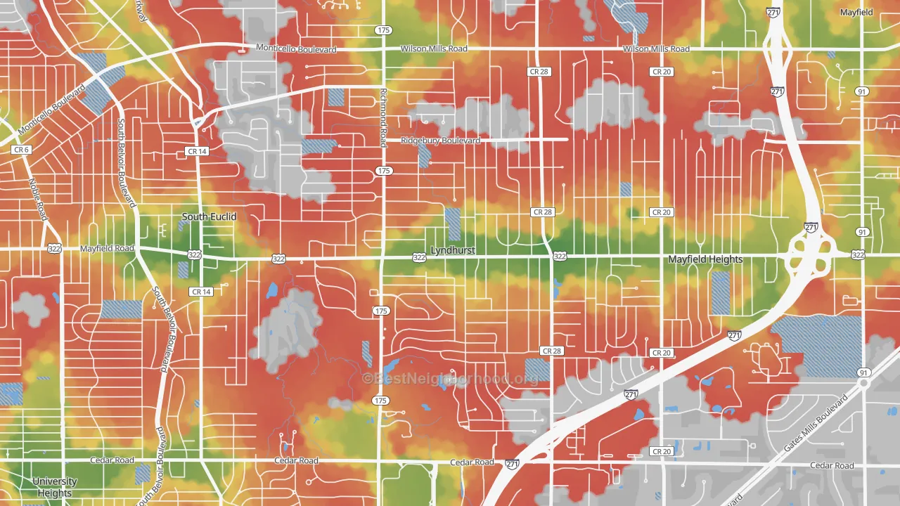 Walk Grade map of Lyndhurst, OH, walkable areas in green and car-dependent areas in red