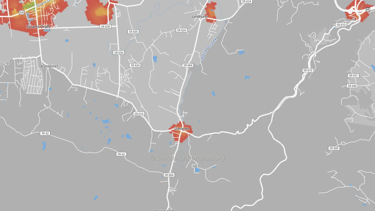 Walk Grade map of Lyndhurst, VA, walkable areas in green and car-dependent areas in red