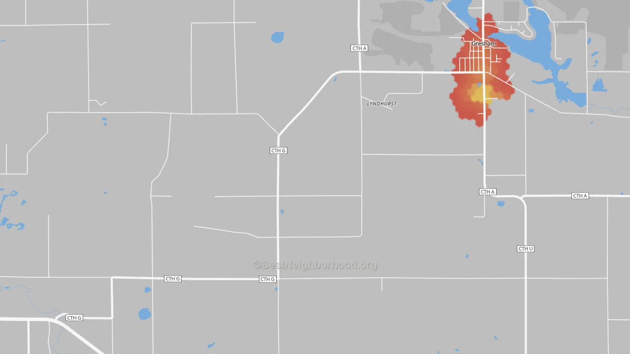 Walk Grade map of Lyndhurst, WI, walkable areas in green and car-dependent areas in red