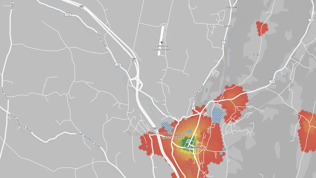 Walk Grade map of Lyndon Center, VT, walkable areas in green and car-dependent areas in red
