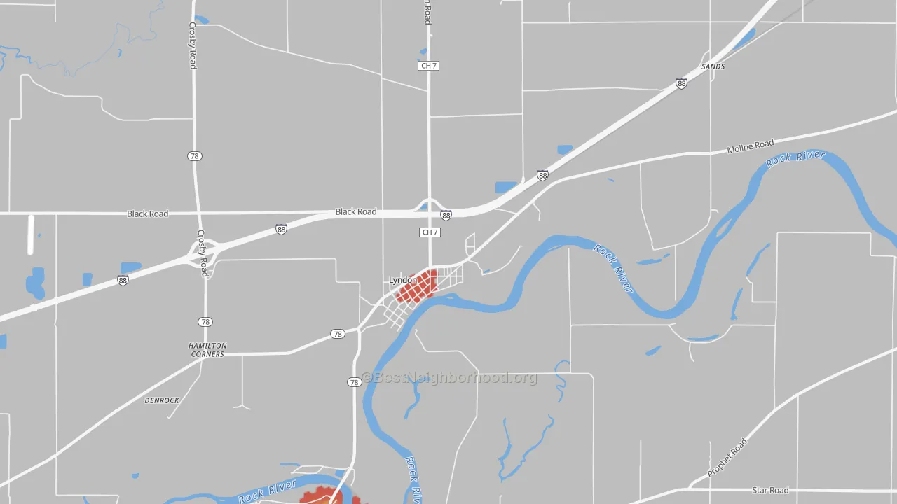 Walk Grade map of Lyndon, IL, walkable areas in green and car-dependent areas in red