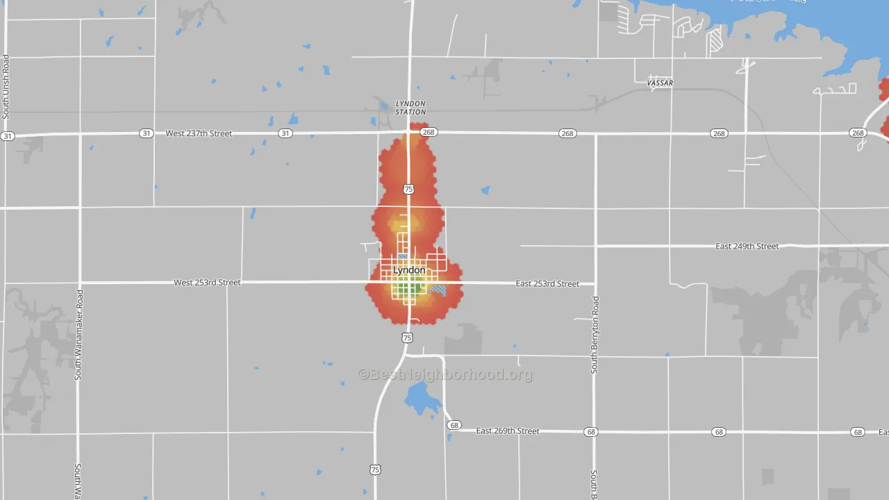 Walk Grade map of Lyndon, KS, walkable areas in green and car-dependent areas in red