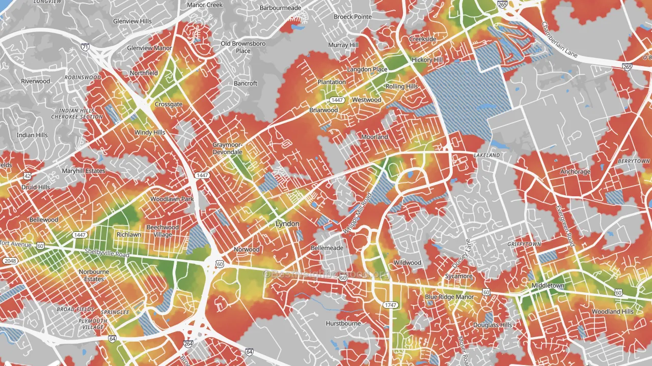 Walk Grade map of Lyndon, KY, walkable areas in green and car-dependent areas in red