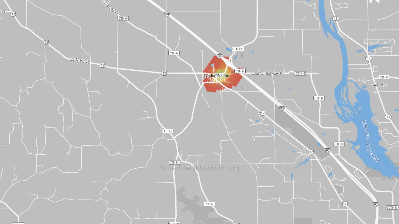 Walk Grade map of Lyndon Station, WI, walkable areas in green and car-dependent areas in red