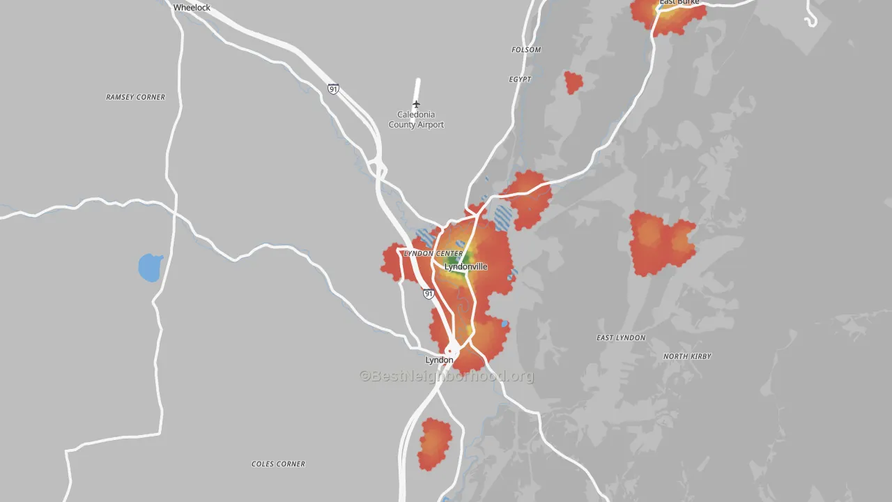 Walk Grade map of Lyndonville, VT, walkable areas in green and car-dependent areas in red