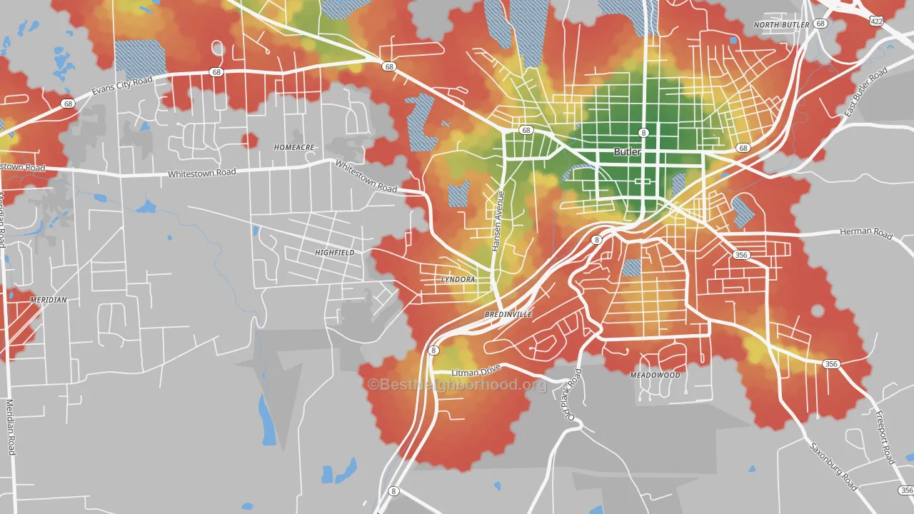 Walk Grade map of Lyndora, PA, walkable areas in green and car-dependent areas in red