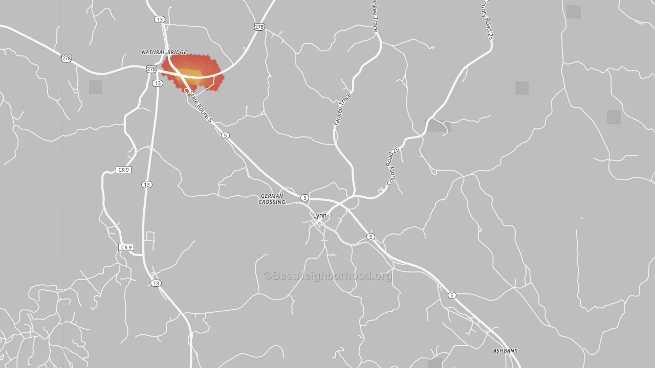 Walk Grade map of Lynn, AL, walkable areas in green and car-dependent areas in red