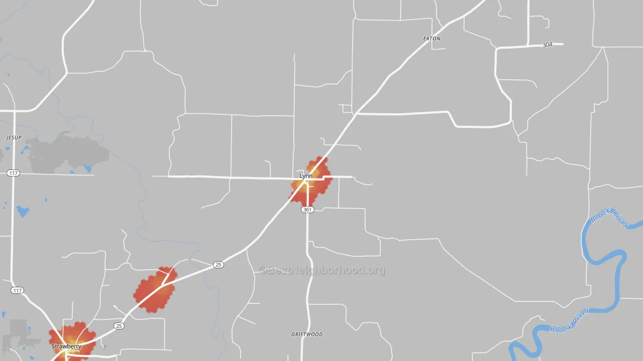 Walk Grade map of Lynn, AR, walkable areas in green and car-dependent areas in red