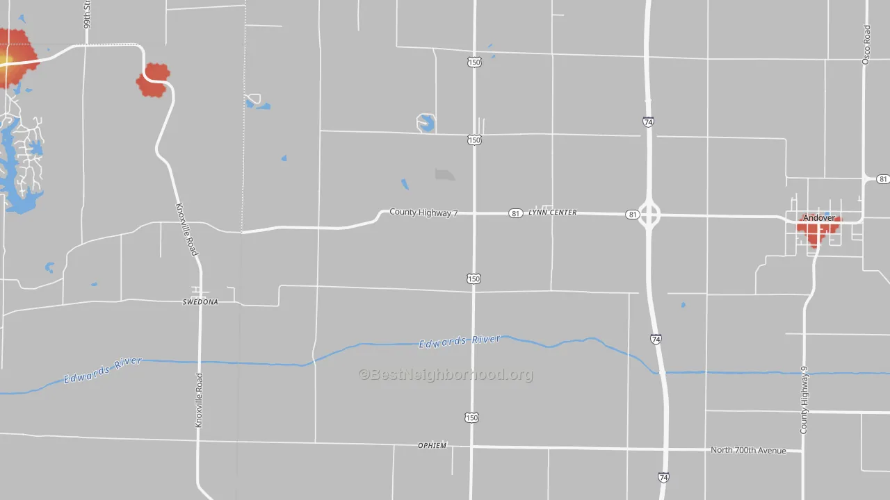 Walk Grade map of Lynn Center, IL, walkable areas in green and car-dependent areas in red