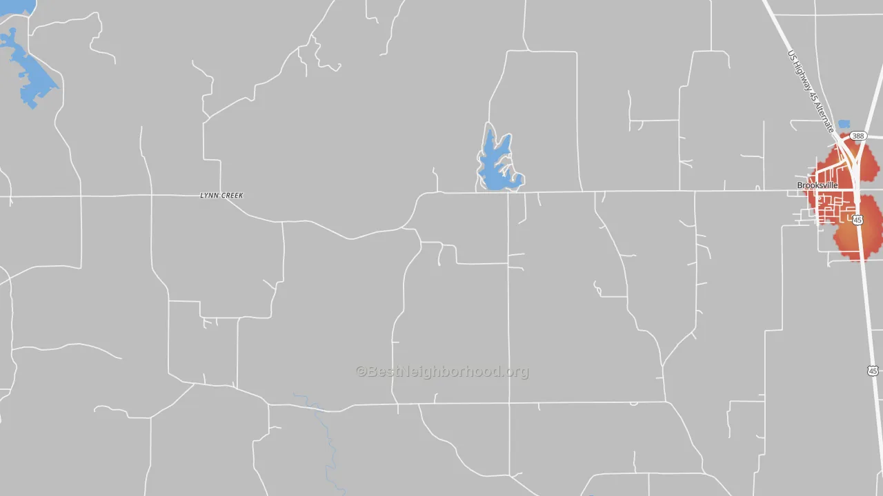 Walk Grade map of Lynn Creek, MS, walkable areas in green and car-dependent areas in red