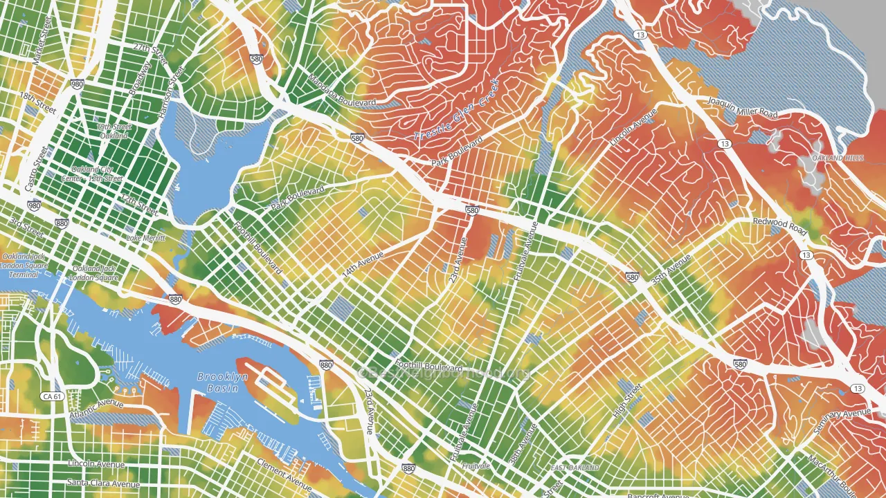 Walk Grade map of Lynn-Highland Park, Oakland, CA, walkable areas in green and car-dependent areas in red