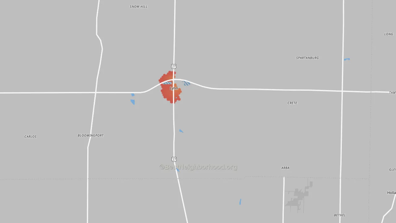 Walk Grade map of Lynn, IN, walkable areas in green and car-dependent areas in red