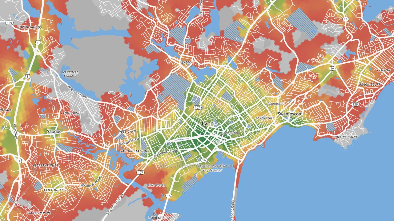 Walk Grade map of Lynn, MA, walkable areas in green and car-dependent areas in red