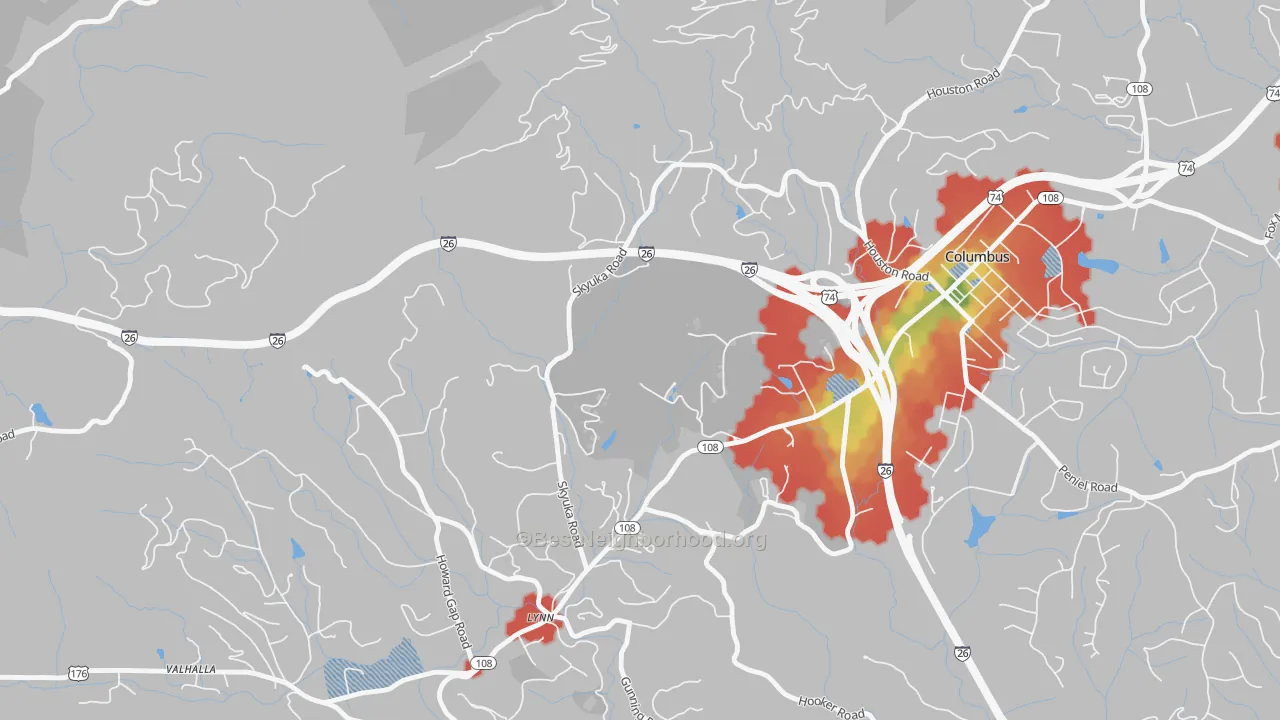 Walk Grade map of Lynn, NC, walkable areas in green and car-dependent areas in red
