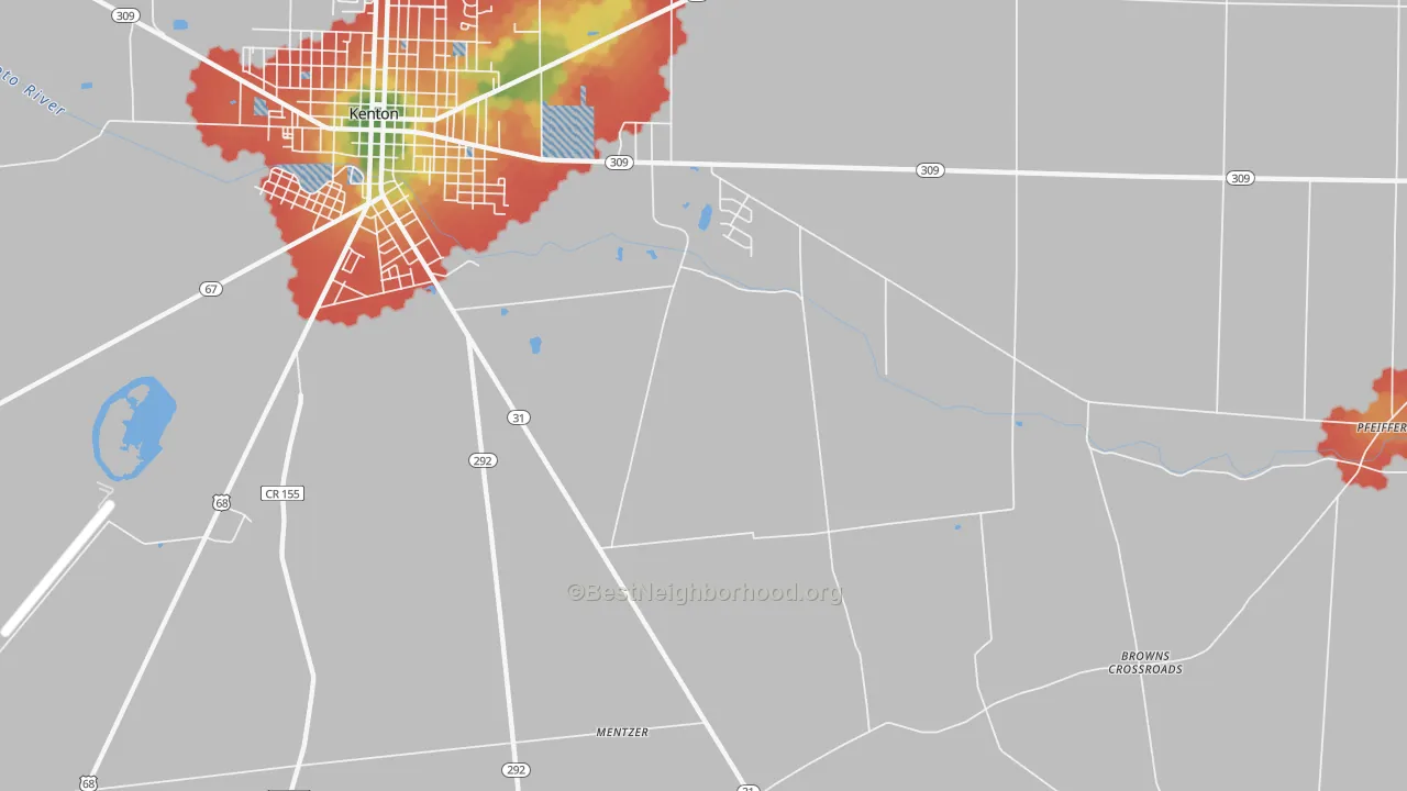 Walk Grade map of Lynn, OH, walkable areas in green and car-dependent areas in red