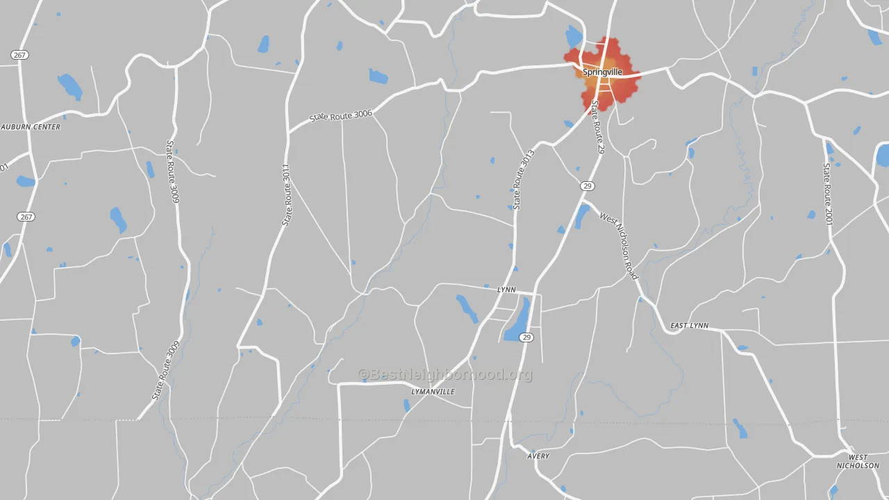 Walk Grade map of Lynn, PA, walkable areas in green and car-dependent areas in red