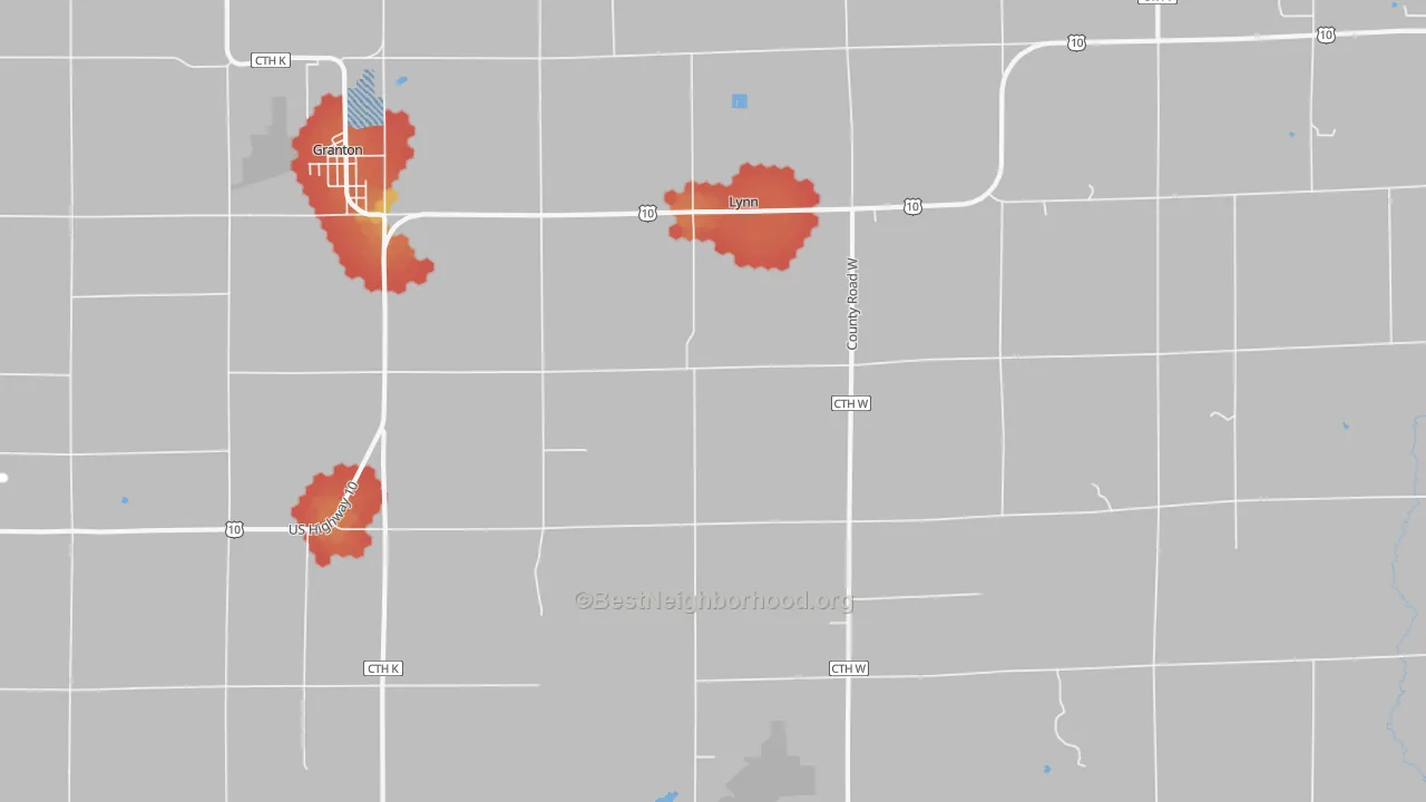 Walk Grade map of Lynn, WI, walkable areas in green and car-dependent areas in red