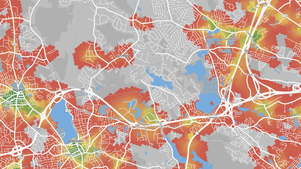 Walk Grade map of Lynnfield, MA, walkable areas in green and car-dependent areas in red