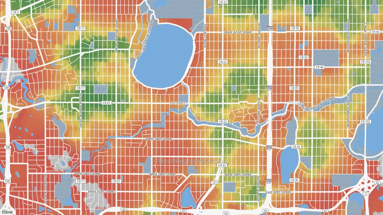 Walk Grade map of Lynnhurst, Minneapolis, MN, walkable areas in green and car-dependent areas in red