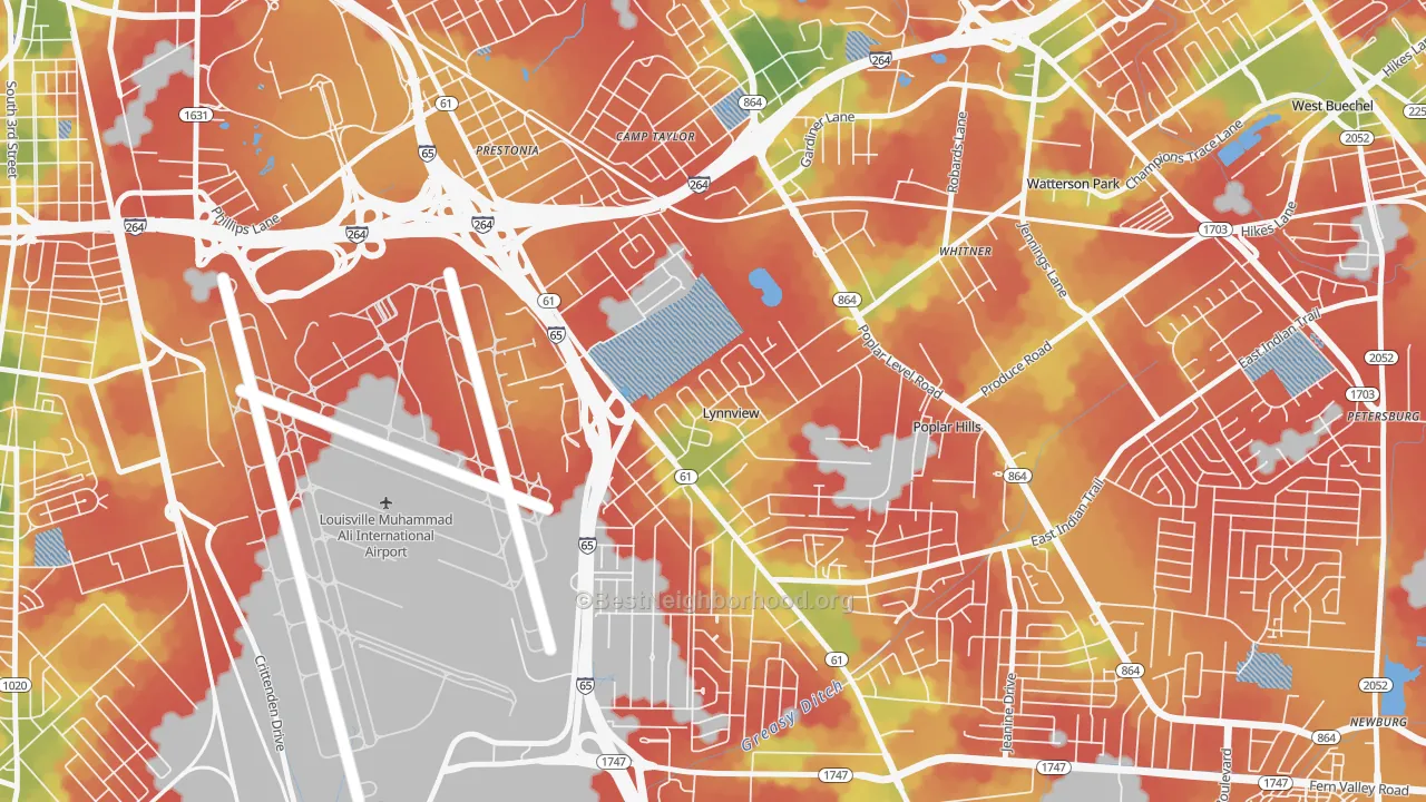 Walk Grade map of Lynnview, KY, walkable areas in green and car-dependent areas in red