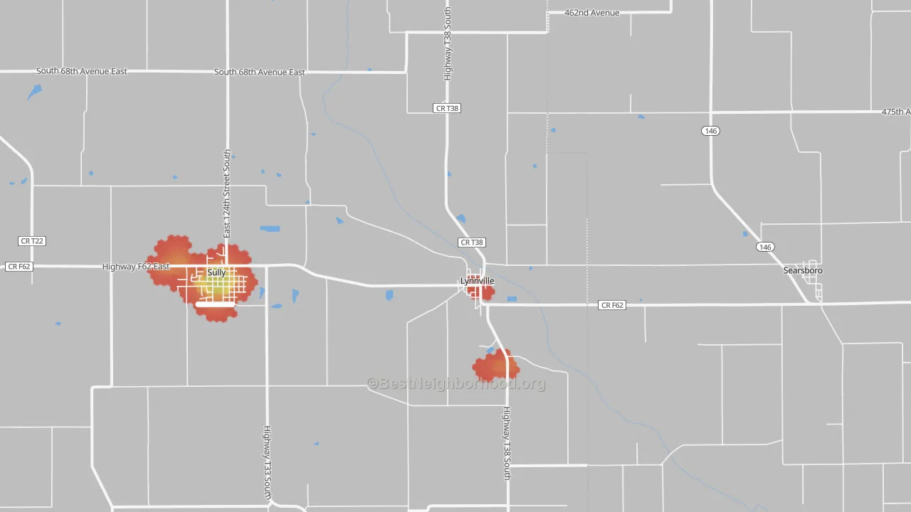 Walk Grade map of Lynnville, IA, walkable areas in green and car-dependent areas in red