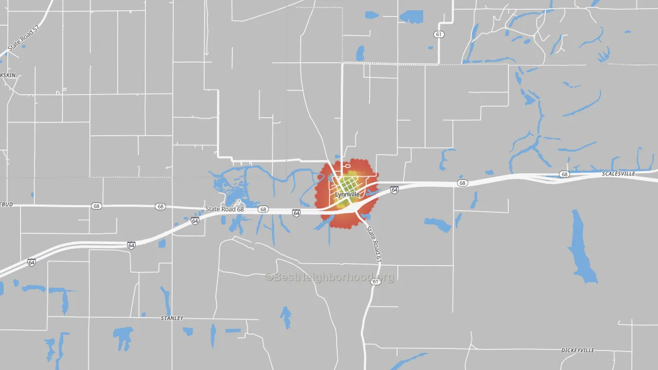 Walk Grade map of Lynnville, IN, walkable areas in green and car-dependent areas in red