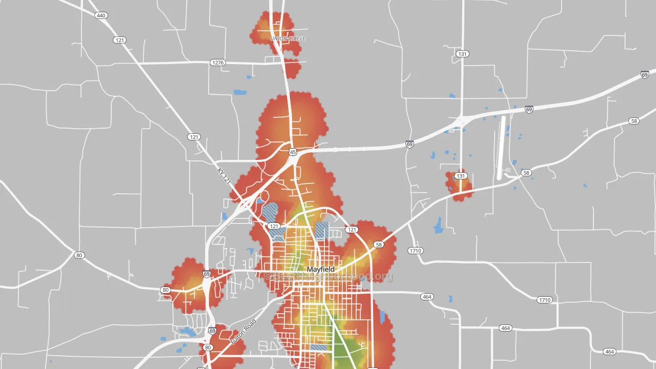 Walk Grade map of Lynnville, KY, walkable areas in green and car-dependent areas in red