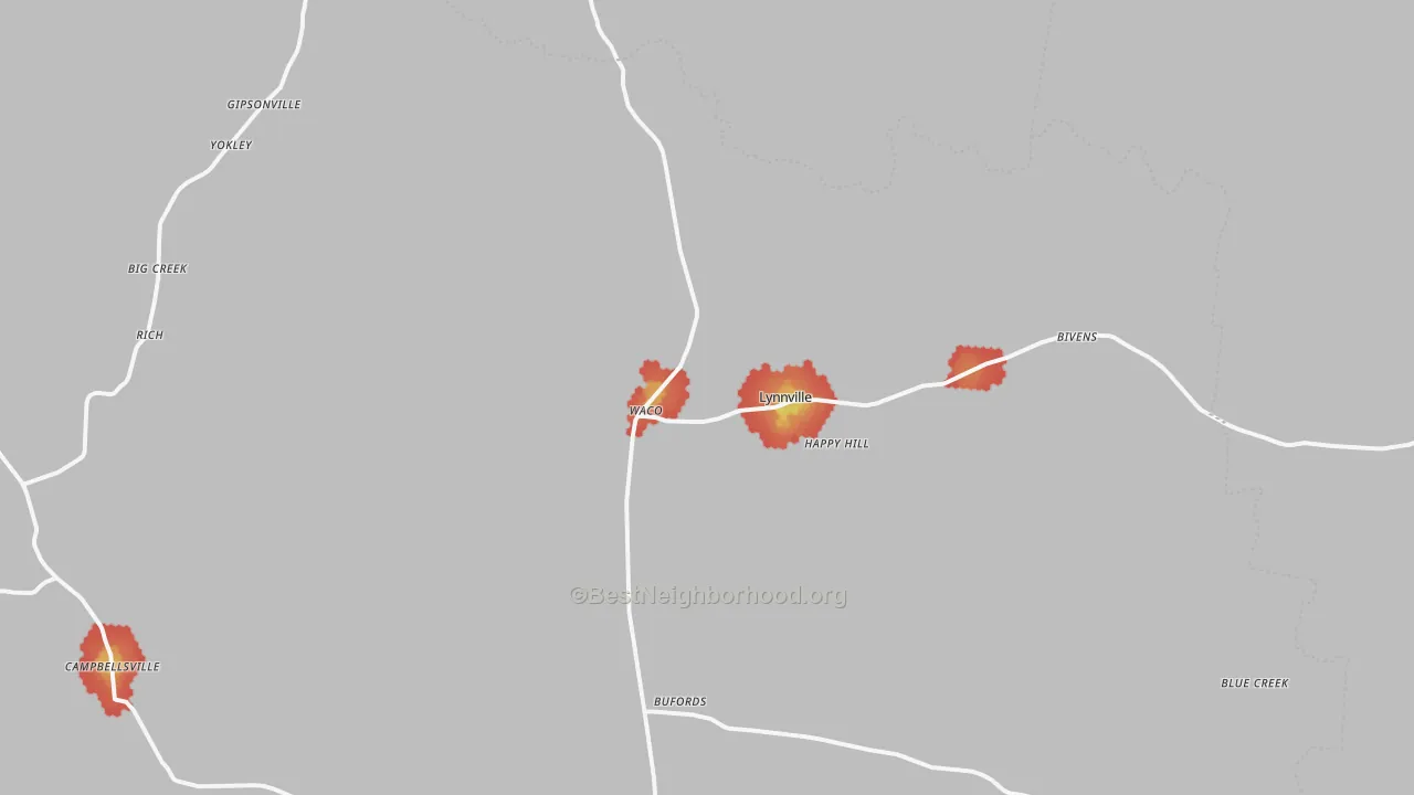 Walk Grade map of Lynnville, TN, walkable areas in green and car-dependent areas in red