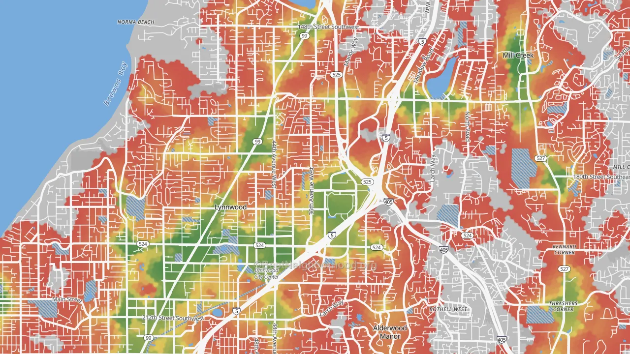 Walk Grade map of Lynnwood, WA, walkable areas in green and car-dependent areas in red