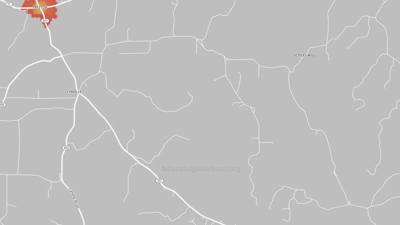Walk Grade map of Lynville, MS, walkable areas in green and car-dependent areas in red