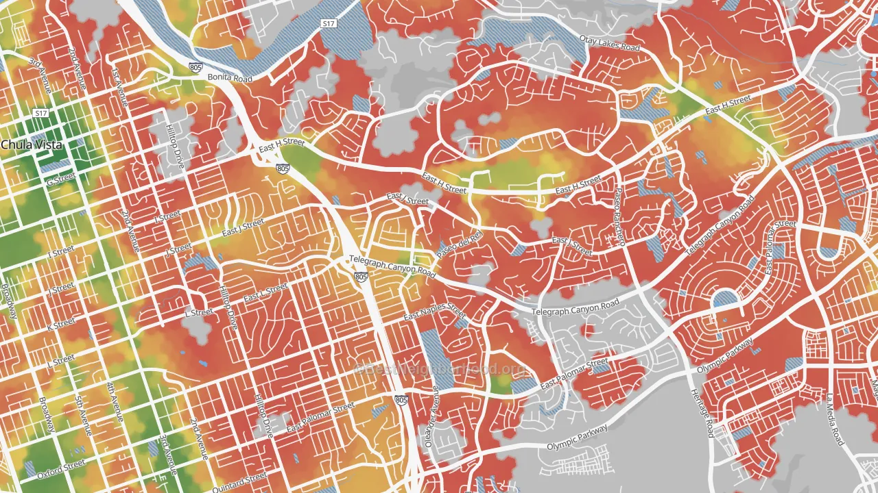 Walk Grade map of Lynwood Hills, Chula Vista, CA, walkable areas in green and car-dependent areas in red