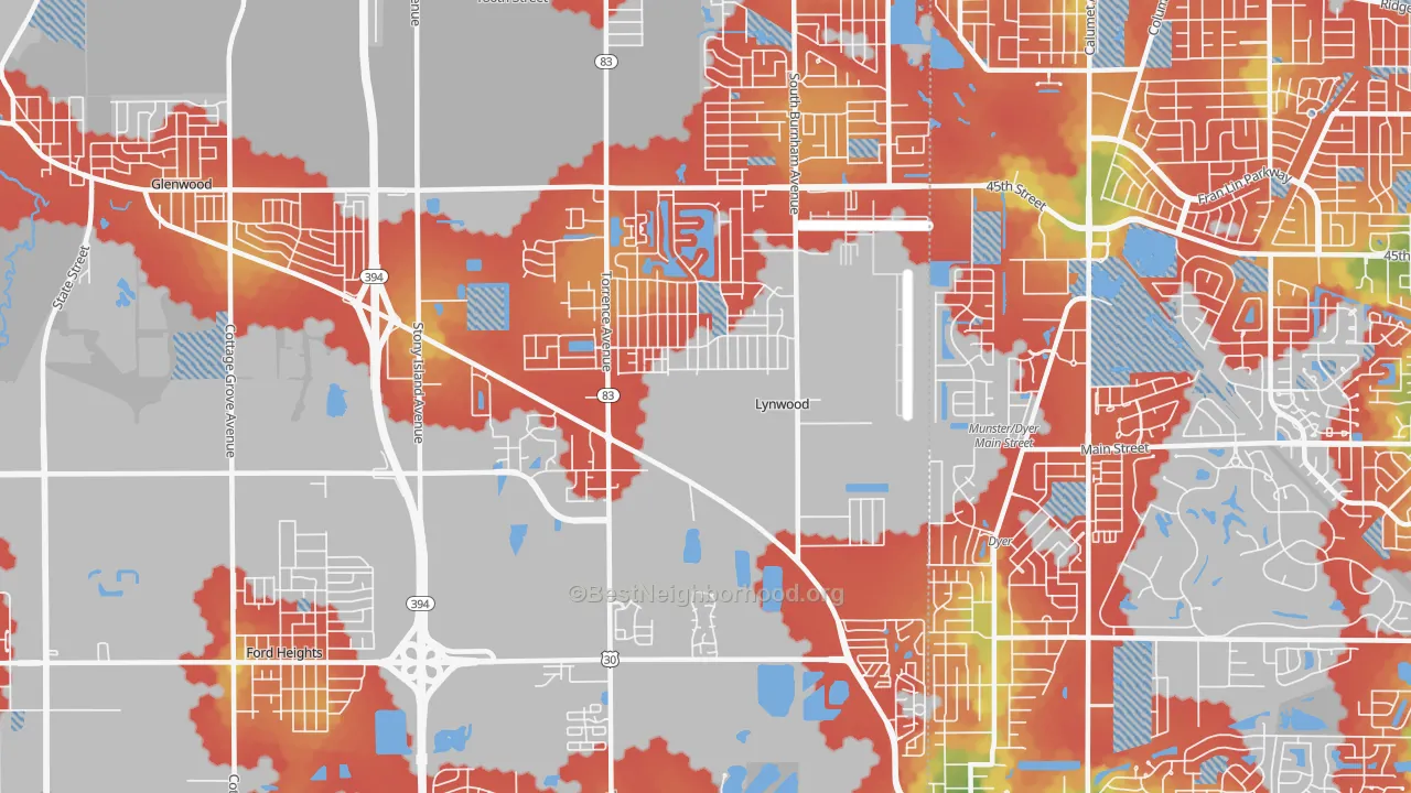Walk Grade map of Lynwood, IL, walkable areas in green and car-dependent areas in red