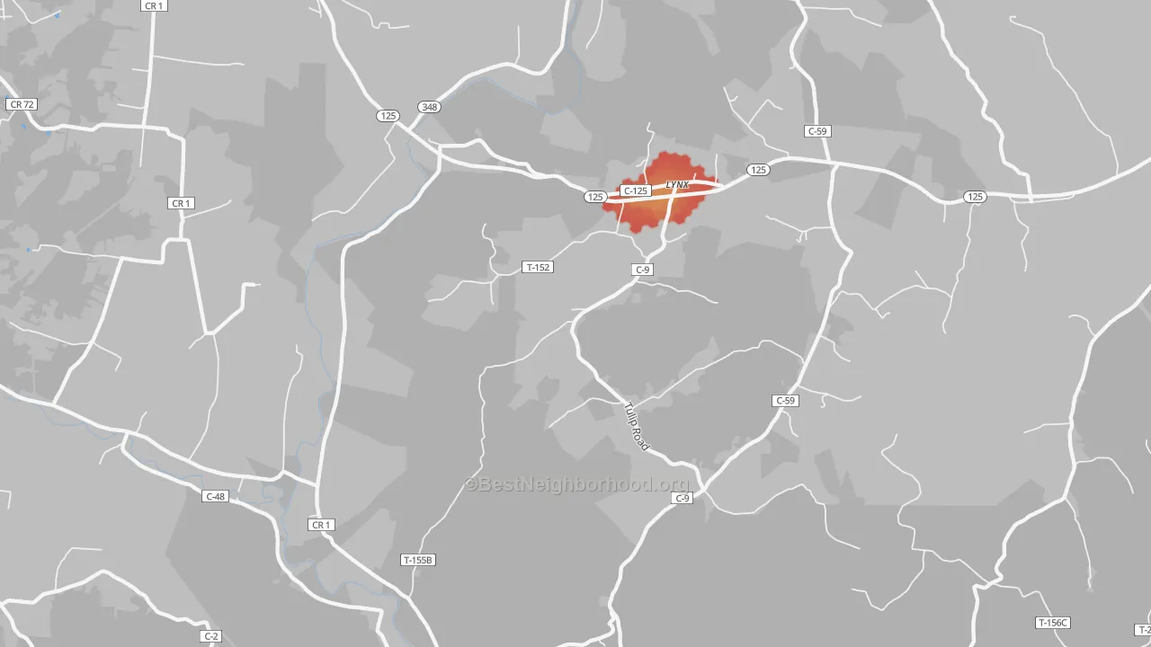 Walk Grade map of Lynx, OH, walkable areas in green and car-dependent areas in red