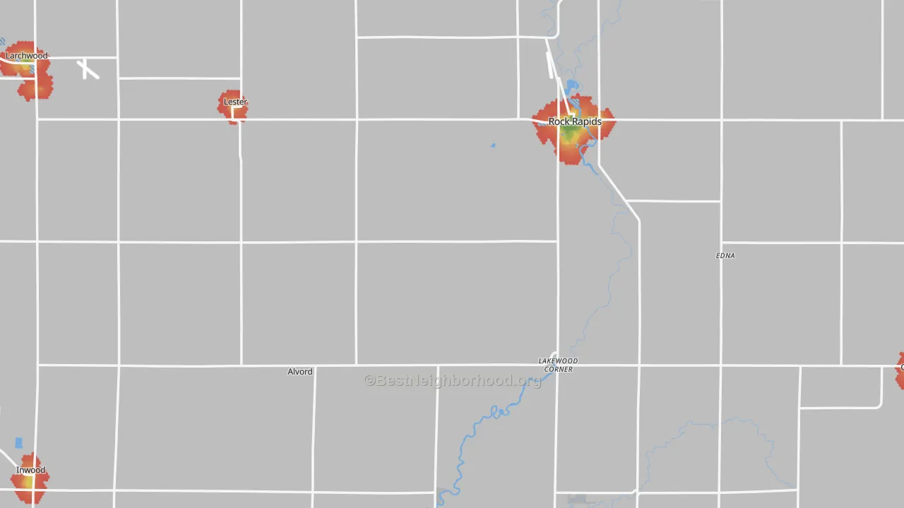 Walk Grade map of Lyon County, IA, walkable areas in green and car-dependent areas in red