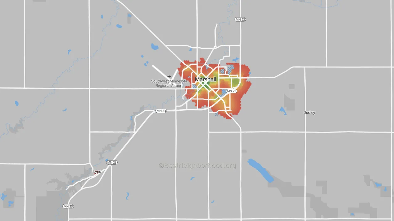 Walk Grade map of Lyon County, MN, walkable areas in green and car-dependent areas in red