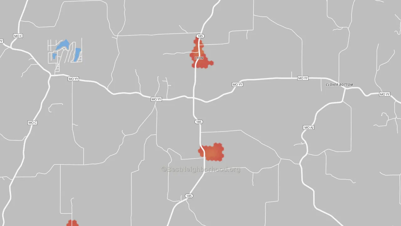 Walk Grade map of Lyon, MO, walkable areas in green and car-dependent areas in red